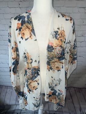 Lg Floral Sheer Open Kimono - Cream w/ Navy & Mustard Roses by Minimi. Cover up